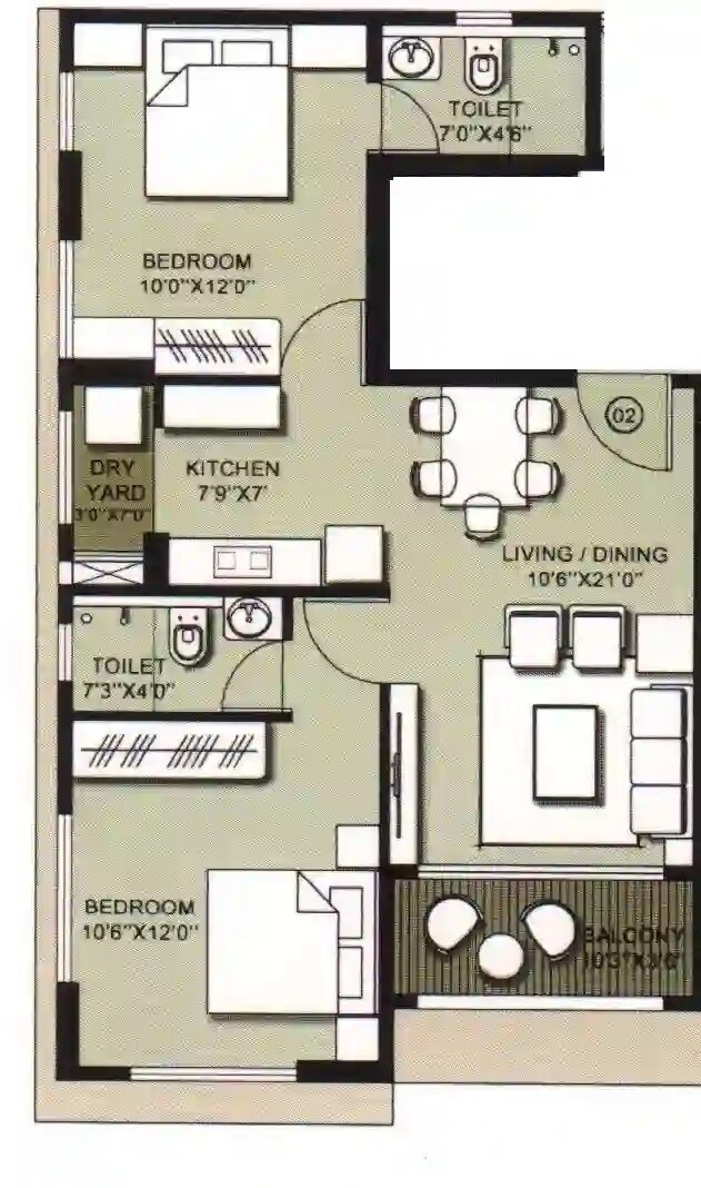 Floor plan of 2 BHK 626 Sq. Ft. Apartment in VVA Park Vision, Mumbai