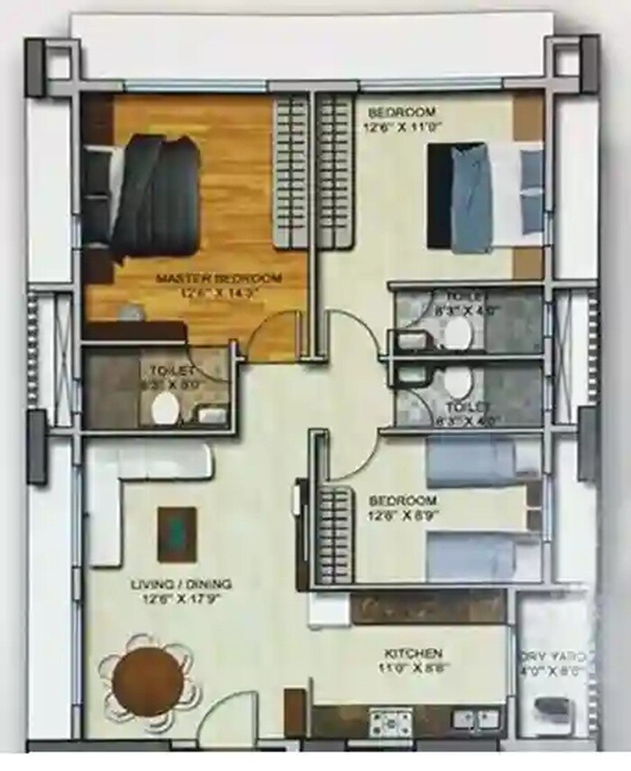 Floor plan of 3 BHK 975 Sq. Ft. Apartment in VVA Vision Eternity, Mumbai