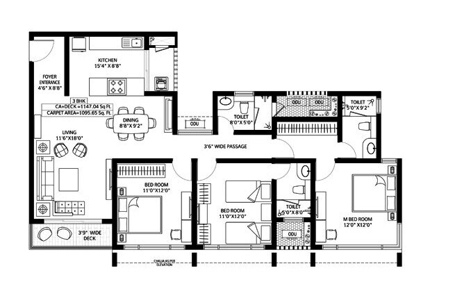 Floor plan of 3 BHK 1096 Sq. Ft. Apartment in Wadhwa Anantya, Mumbai