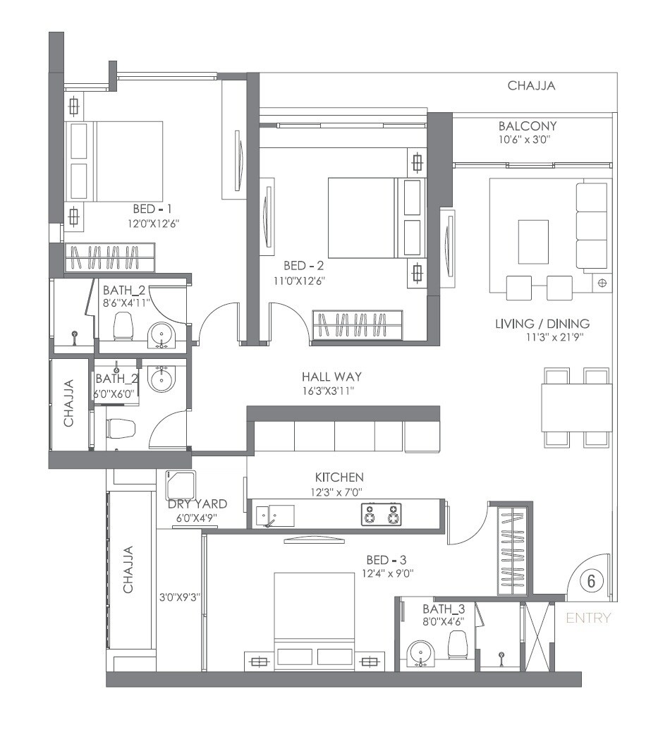 Floor plan of 3 BHK 1067 Sq. Ft. Apartment in Wadhwa Imperial Heights, Mumbai