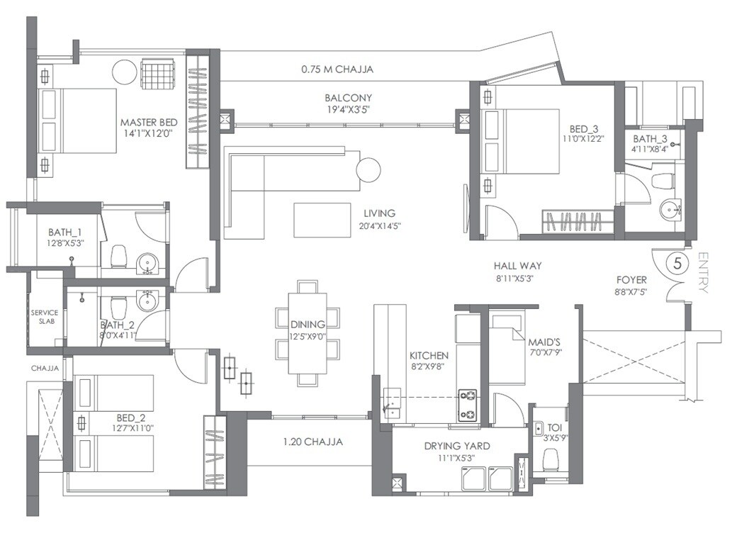 Floor plan of 3 BHK 1403 Sq. Ft. Apartment in Wadhwa Imperial Heights, Mumbai