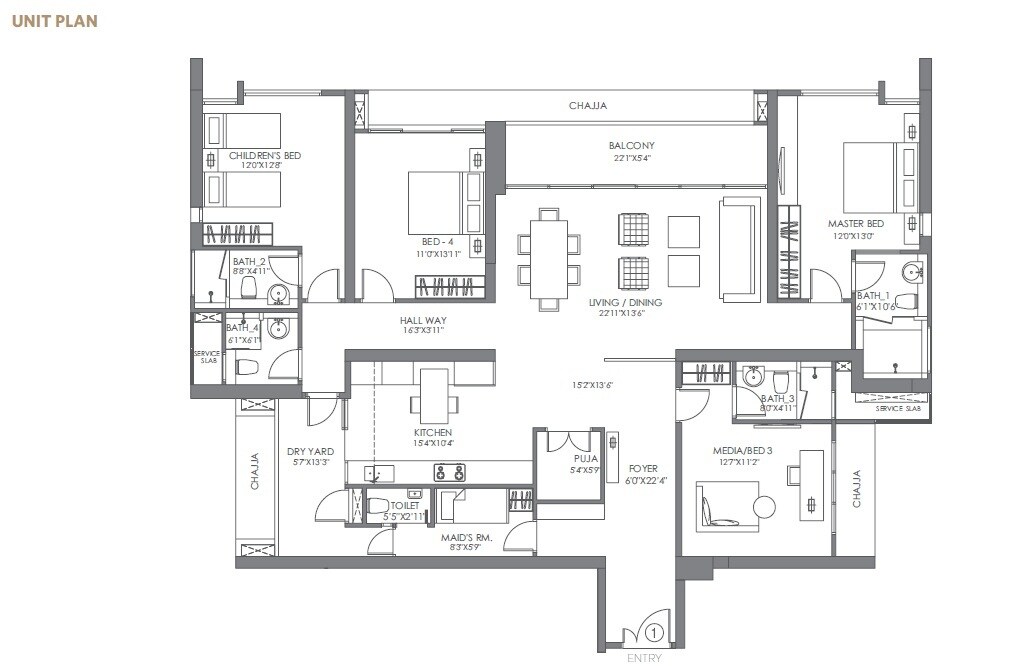 Floor plan of 4 BHK 1923 Sq. Ft. Apartment in Wadhwa Imperial Heights, Mumbai