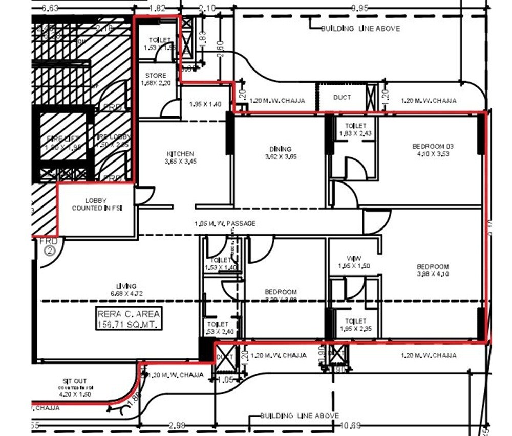 Floor plan of 3 BHK 1687 Sq. Ft. Apartment in Wadhwa Marina Vista, Mumbai