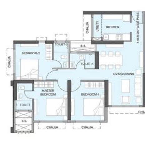 Floor plan of 3 BHK 1243 Sq. Ft. Apartment in Wadhwa Pristine, Mumbai