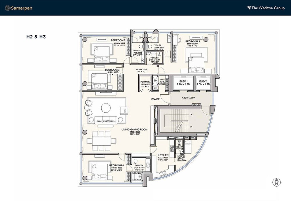 Floor plan of 4 BHK 3964 Sq. Ft. Apartment in Wadhwa Samarpan, Mumbai