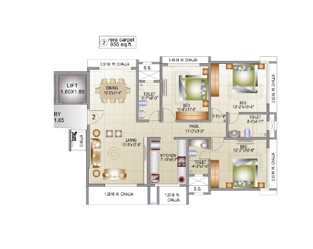 Floor plan of 3 BHK 955 Sq. Ft. Apartment in Webtech Shiv Heights, Mumbai