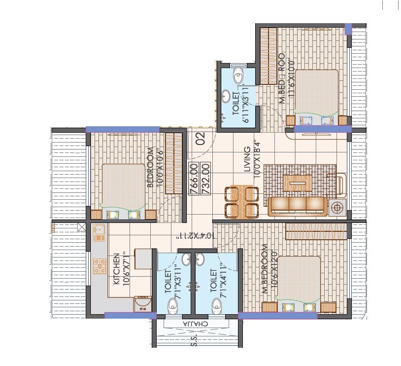 3 BHK 766 Sq. Ft. Apartment