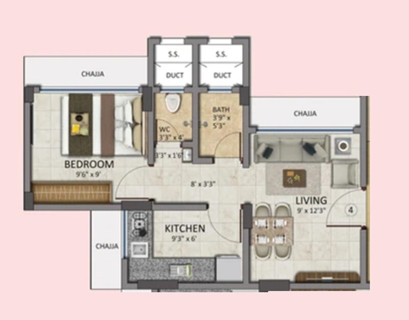 Floor plan of 1 BHK Apartment - 332 sq. ft. in Westin Sankalp Radhakrishna CHSL, Mumbai