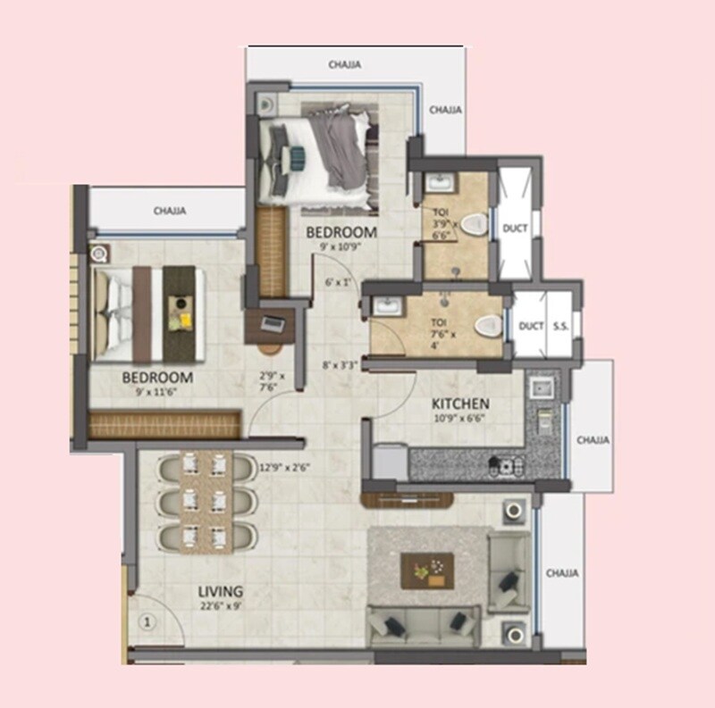 Floor plan of 2 BHK Apartment - 485 sq. ft. in Westin Sankalp Radhakrishna CHSL, Mumbai