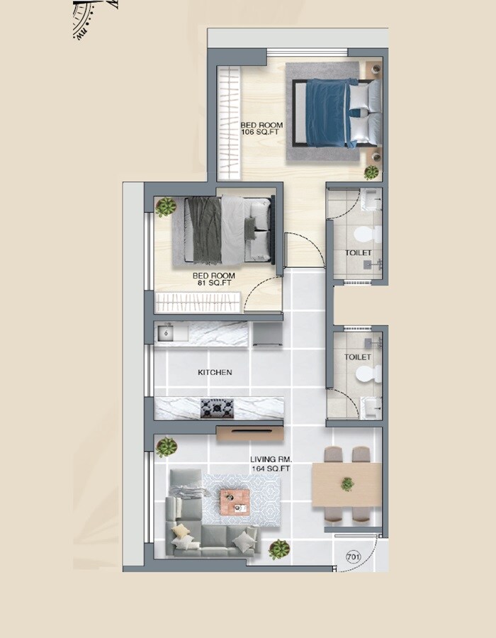 Floor plan of 2 BHK 557 Sq. Ft. Apartment in Westinrely Ashwin Heights, Mumbai