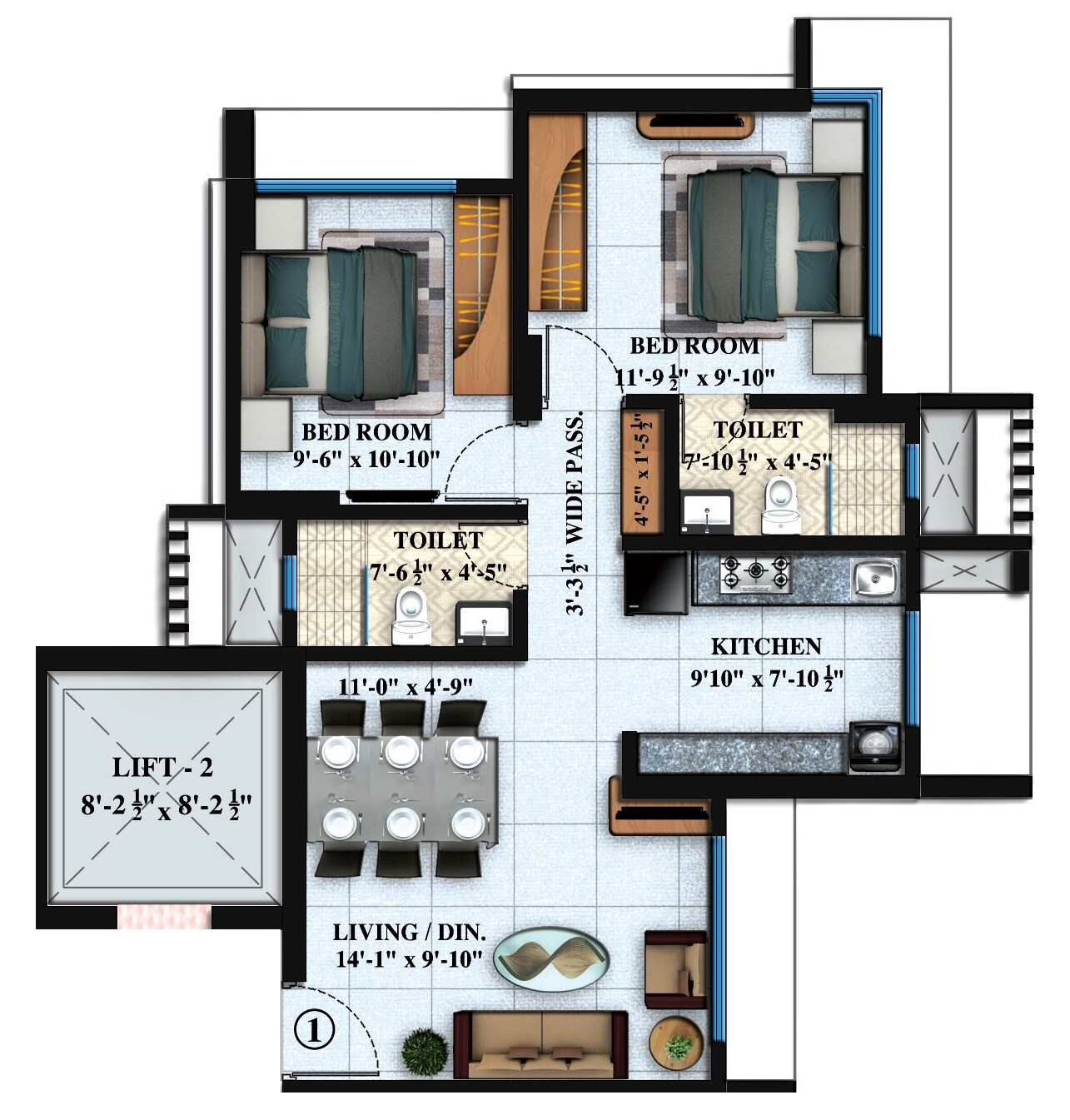 Floor plan of 2 BHK Apartment - 623 sq. ft. in White Berry Residency, Mumbai