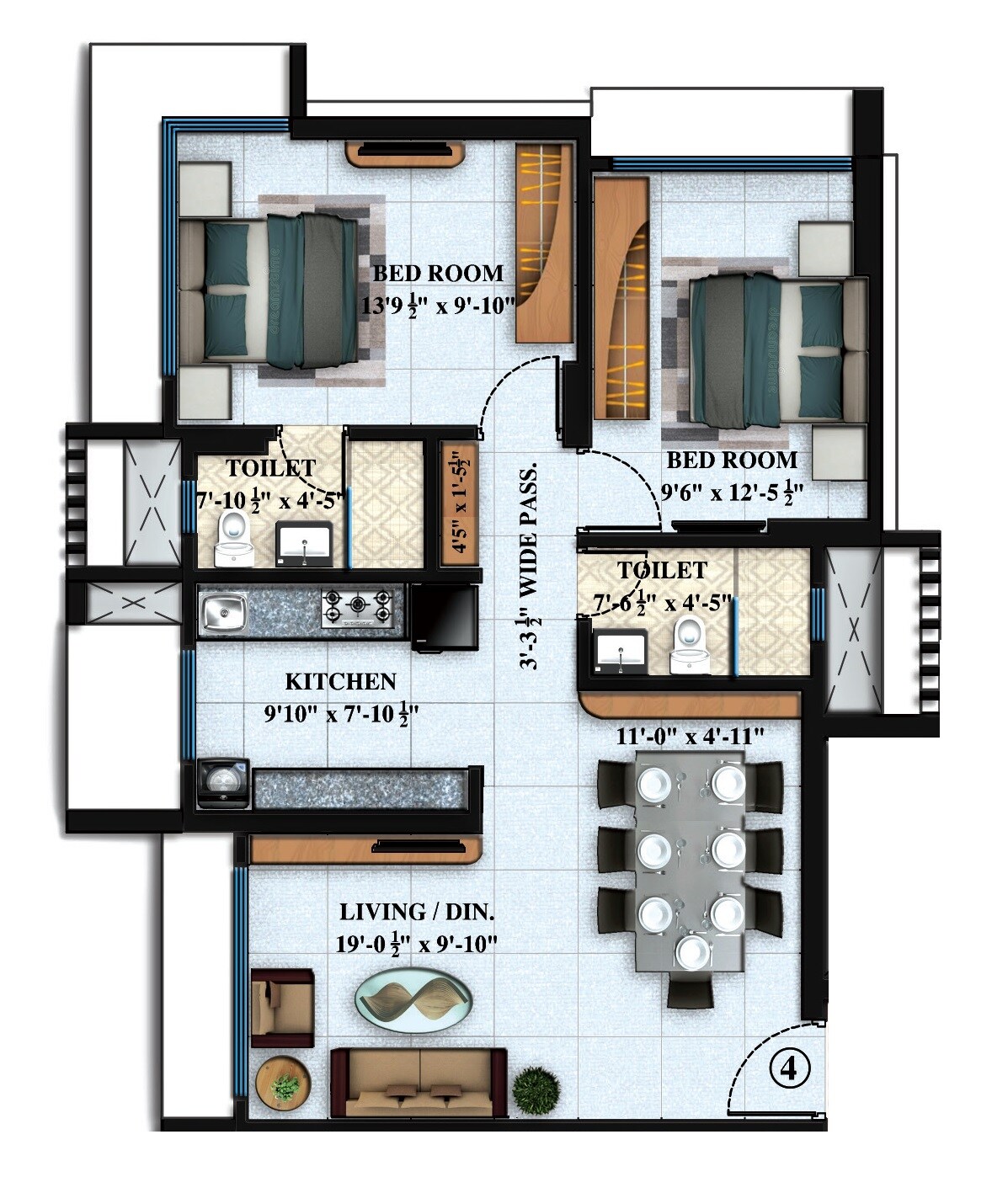 Floor plan of 2 BHK Apartment - 714 sq. ft. in White Berry Residency, Mumbai