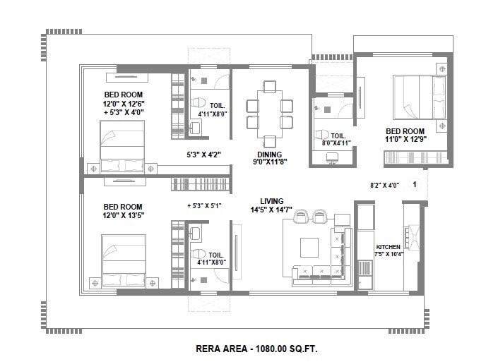 3 BHK 1080 Sq. Ft. Apartment