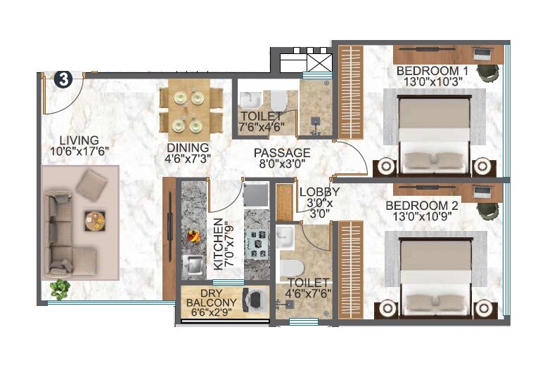 2 BHK 696 Sq. Ft. Apartment