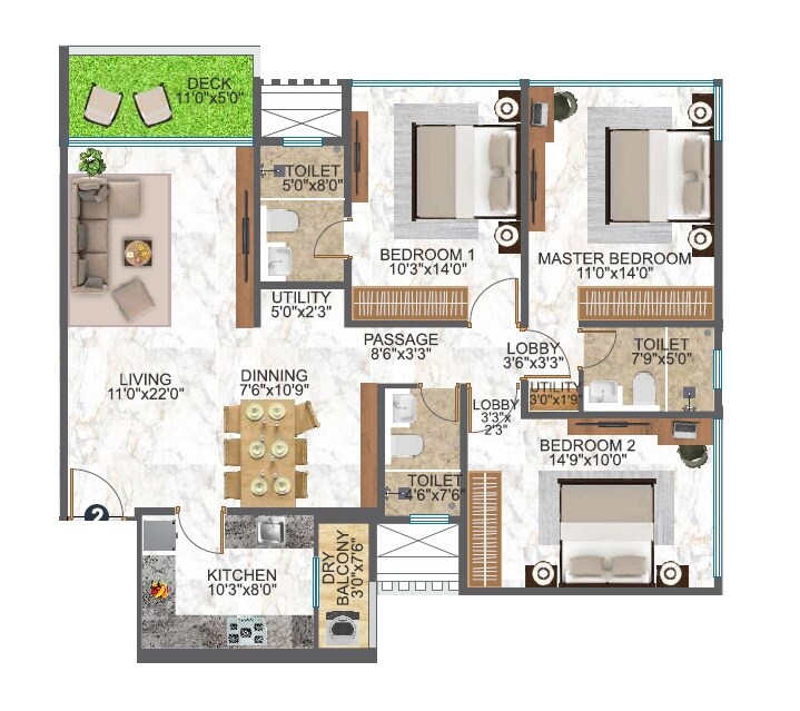 Floor plan of 3 BHK 1150 Sq. Ft. Apartment in Woodstock Gardens, Mumbai