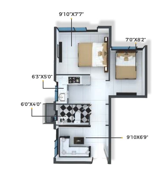 Floor plan of 2 BHK 307 Sq. Ft. Apartment in XRBIA Chembur Central Ivy B, Mumbai