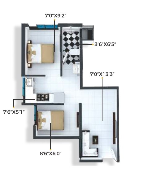 Floor plan of 2 BHK 556 Sq. Ft. Apartment in Xrbia Chembur Central Orchid A, Mumbai
