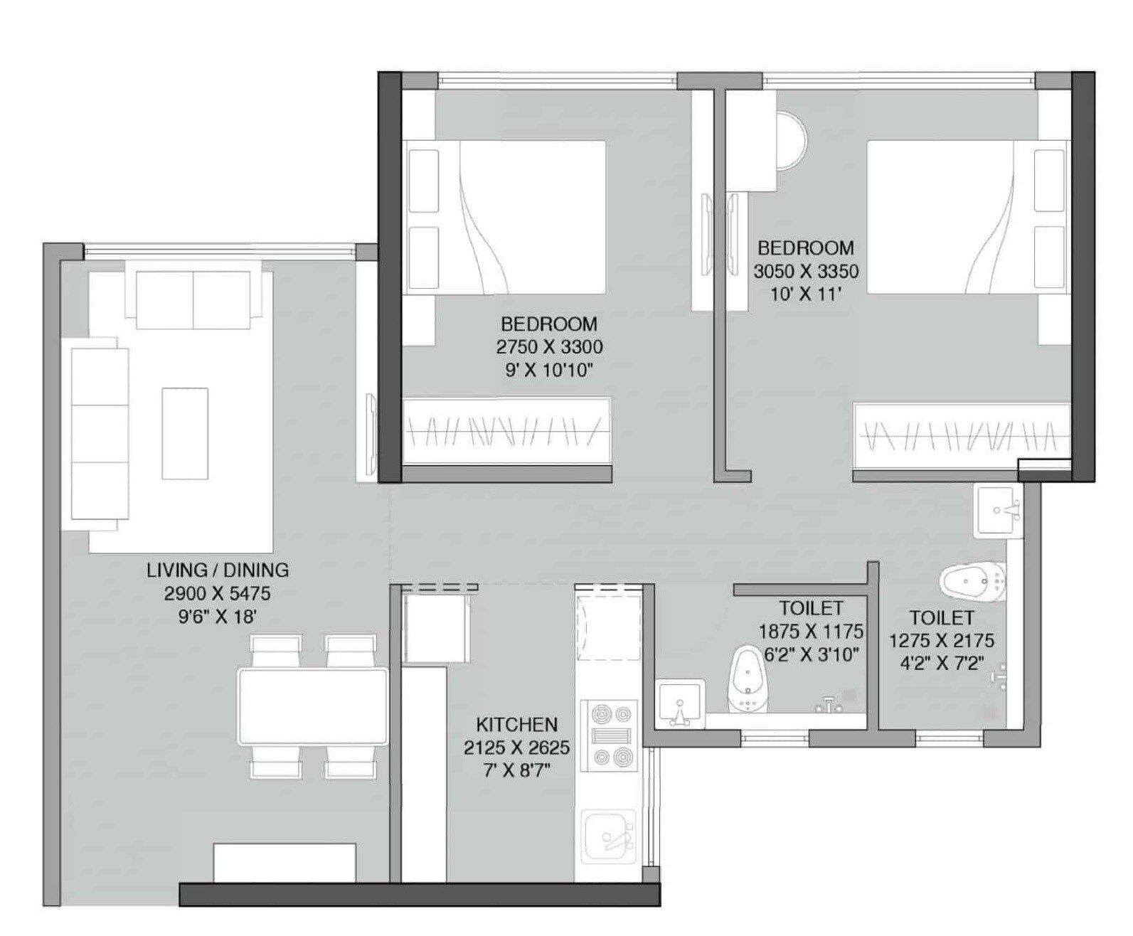 Floor plan of 2 BHK 607 Sq. Ft. Apartment in Xrbia Chembur Central Orchid B, Mumbai
