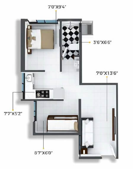 Floor plan of 2 BHK 607 Sq. Ft. Apartment in Xrbia Crystal, Mumbai