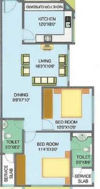 Floor plan of 2 BHK 1150 Sq. Ft. Apartment in Yarrow Yucca Vinca, Mumbai