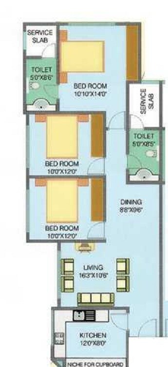 Floor plan of 3 BHK 1444 Sq. Ft. Apartment in Yarrow Yucca Vinca, Mumbai