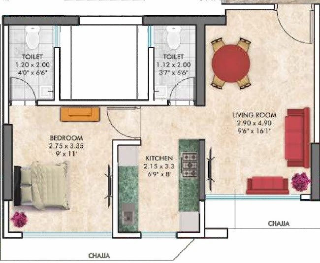 Floor plan of 1 BHK 397 Sq. Ft. Apartment in Yash Dahisar Shivangan, Mumbai