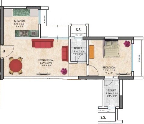 Floor plan of 1 BHK 519 Sq. Ft. Apartment in Yash Dahisar Shivangan, Mumbai
