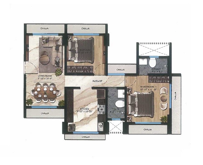 Floor plan of 2 BHK 745 Sq. Ft. Apartment in Yash Manjusha, Mumbai