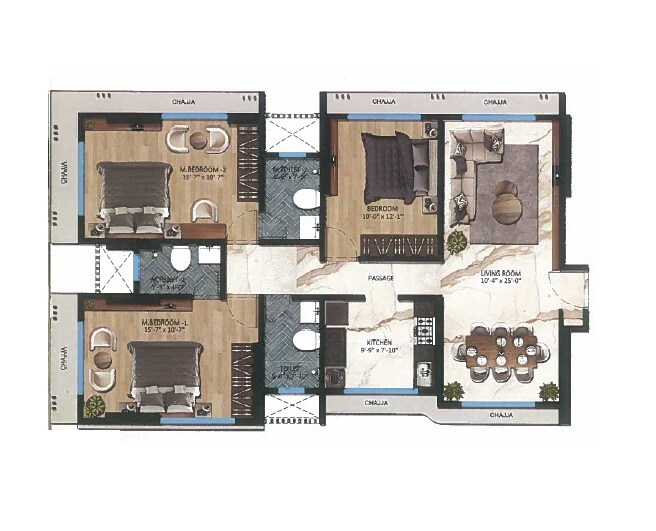 Floor plan of 3 BHK 996 Sq. Ft. Apartment in Yash Manjusha, Mumbai