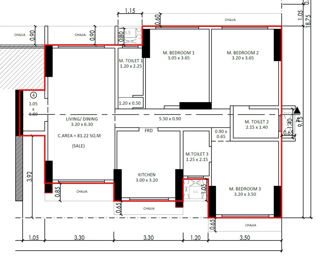 Floor plan of 3 BHK 874 Sq. Ft. Apartment in Yash Mayuri, Mumbai