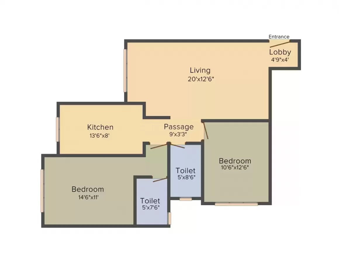 Floor plan of 2 BHK 813 Sq. Ft. Apartment in Yash Orion, Mumbai