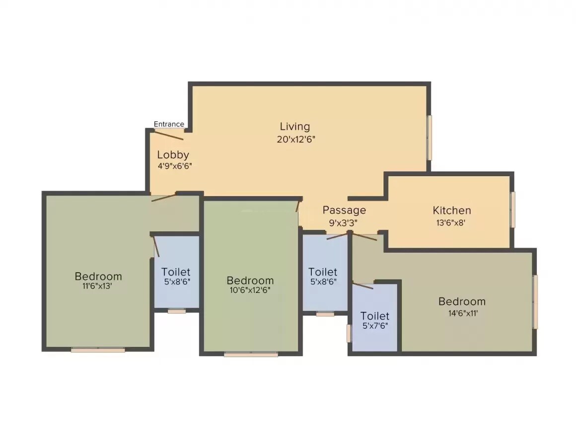 Floor plan of 3 BHK 1050 Sq. Ft. Apartment in Yash Orion, Mumbai