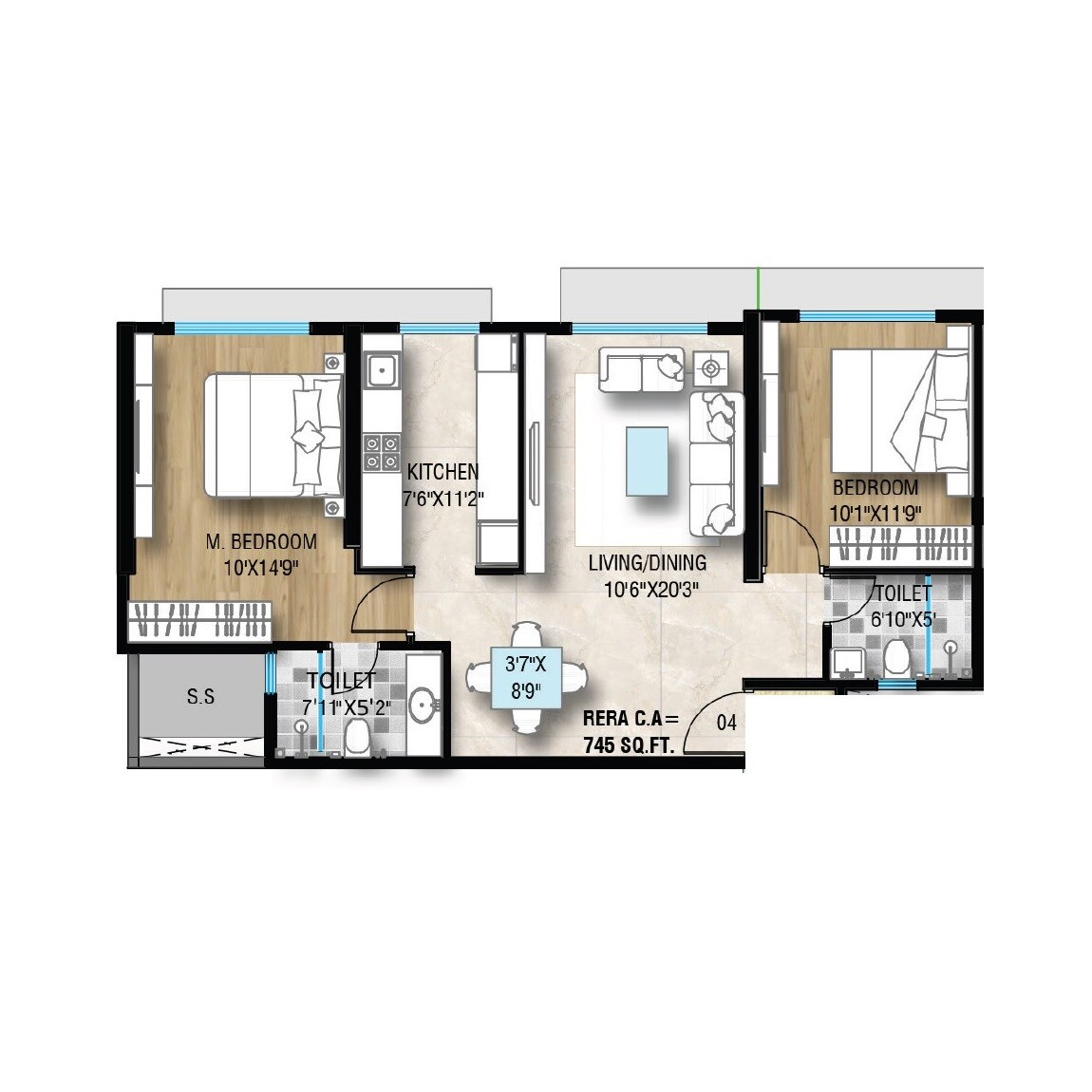 Floor plan of 2 BHK 745 Sq. Ft. Apartment in Yash Shreeji Daivi, Mumbai