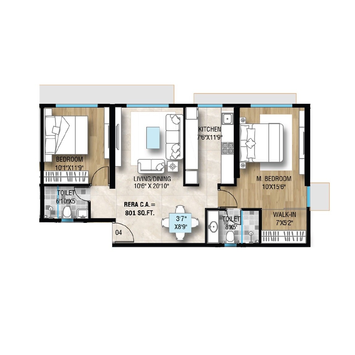 Floor plan of 2 BHK 801 Sq. Ft. Apartment in Yash Shreeji Daivi, Mumbai