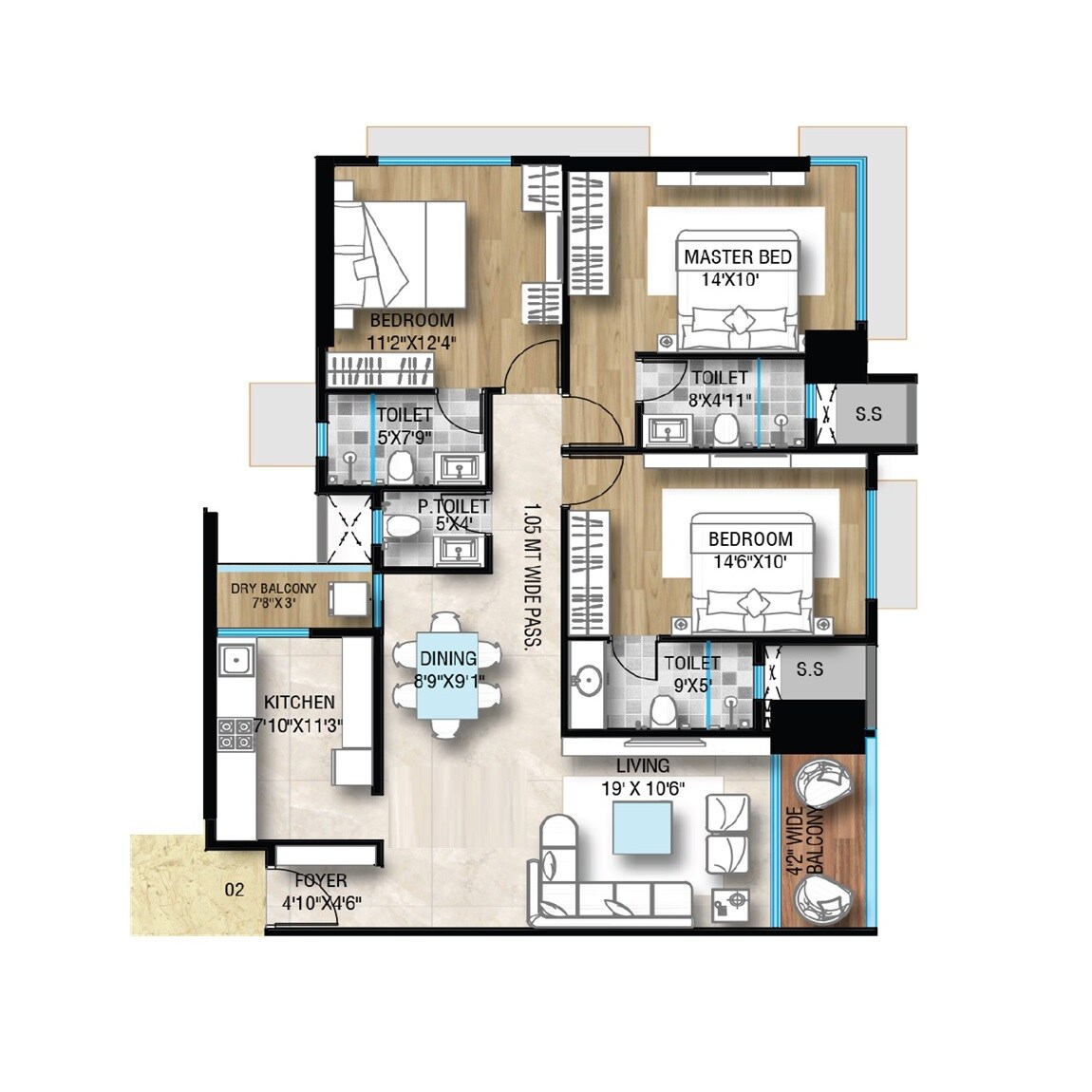Floor plan of 3 BHK 1075 Sq. Ft. Apartment in Yash Shreeji Daivi, Mumbai
