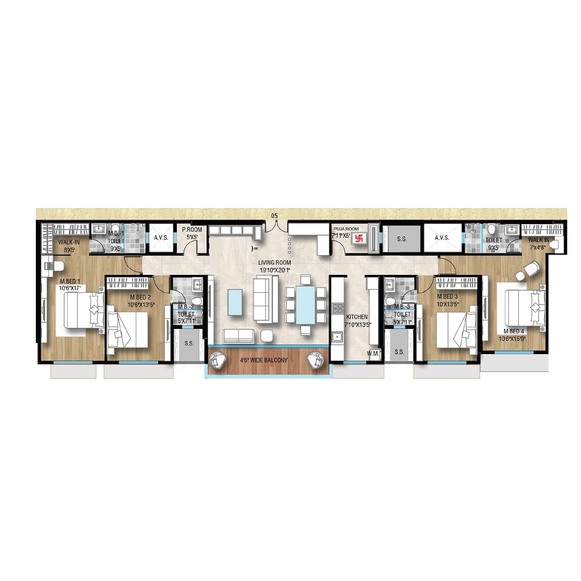 Floor plan of 4 BHK 1751 Sq. Ft. Apartment in Yash Shreeji Daivi, Mumbai