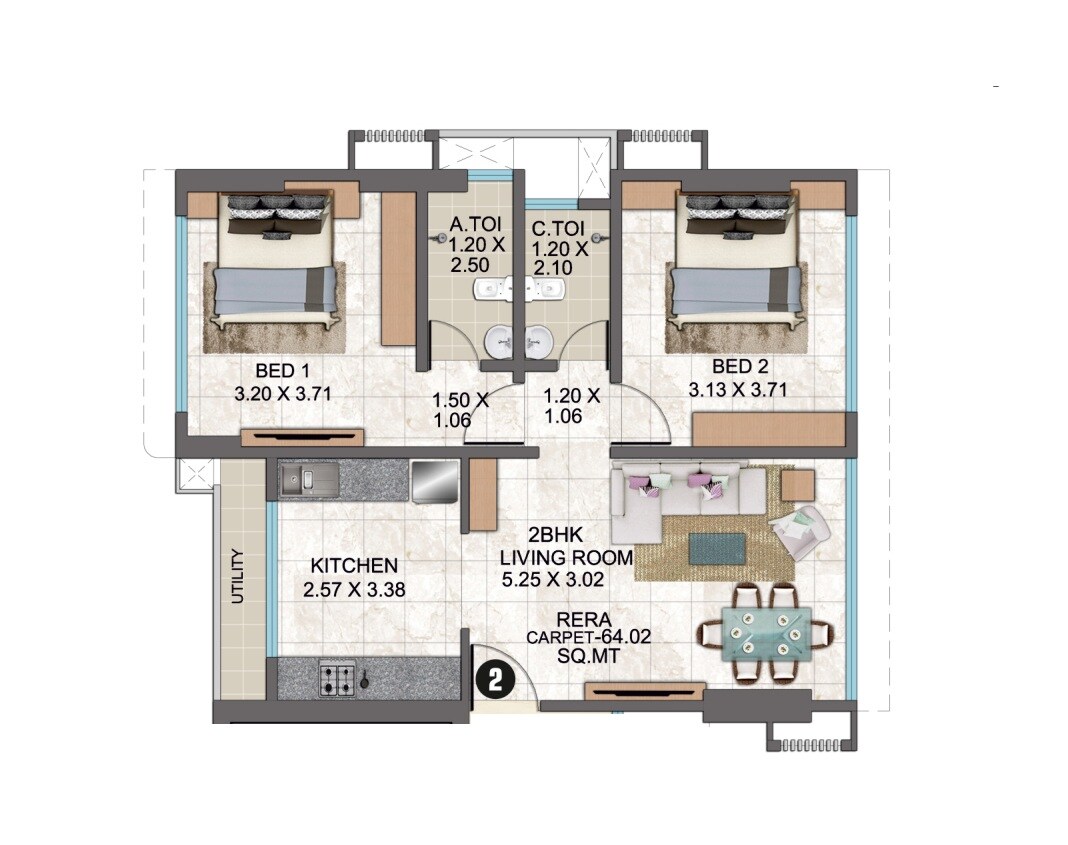 Floor plan of 2 BHK 690 Sq. Ft. Apartment in Yash Supriya, Mumbai