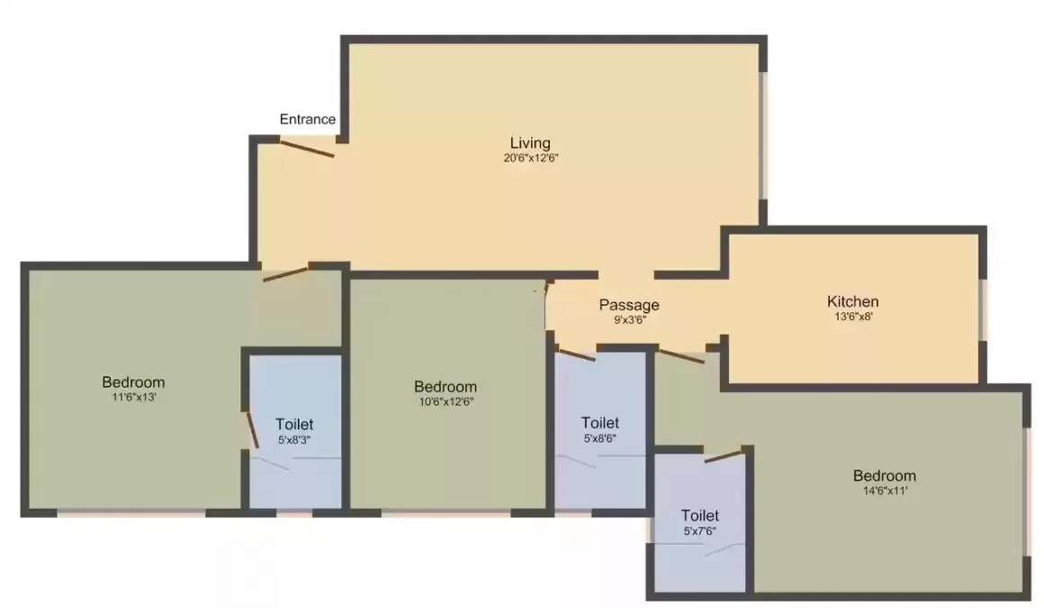 Floor plan of 3 BHK 1044 Sq. Ft. Apartment in Yash Willows, Mumbai