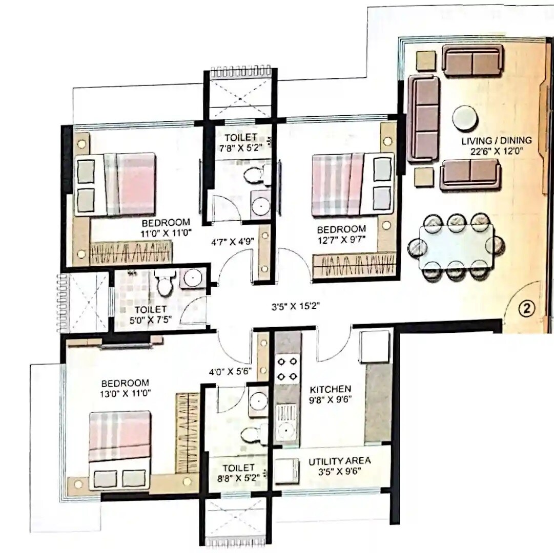 3 BHK 1044 Sq. Ft. Apartment