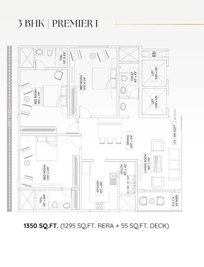 Floor plan of 3 BHK 1350 Sq. Ft. Apartment in Yashvi Chidakash, Mumbai