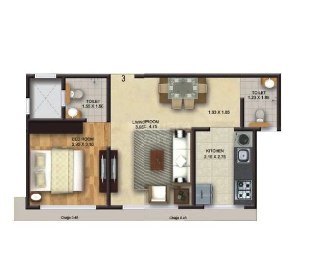 Floor plan of 1 BHK 425 Sq. Ft. Apartment in YH Bait US Salam, Mumbai