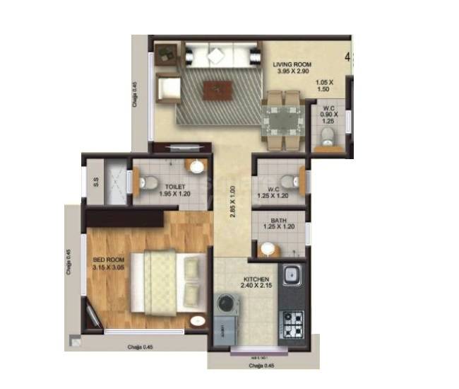 Floor plan of 1 BHK 430 Sq. Ft. Apartment in YH Bait US Salam, Mumbai