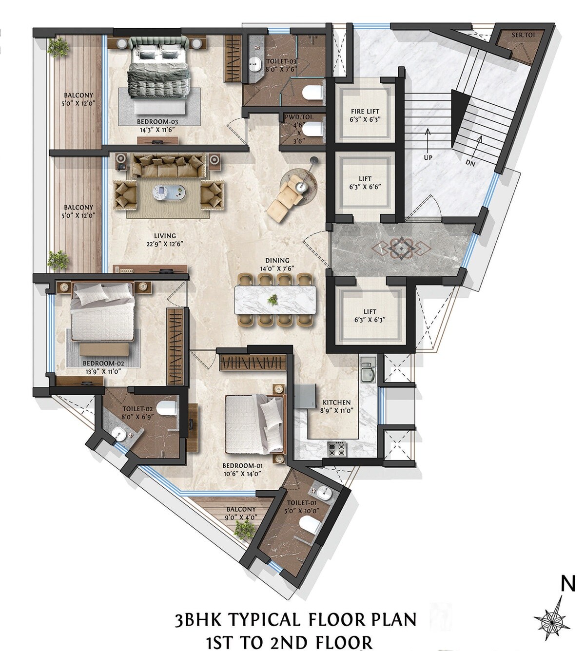 Floor plan of 3 BHK 1363 Sq. Ft. Apartment in Yogi Sea, Mumbai