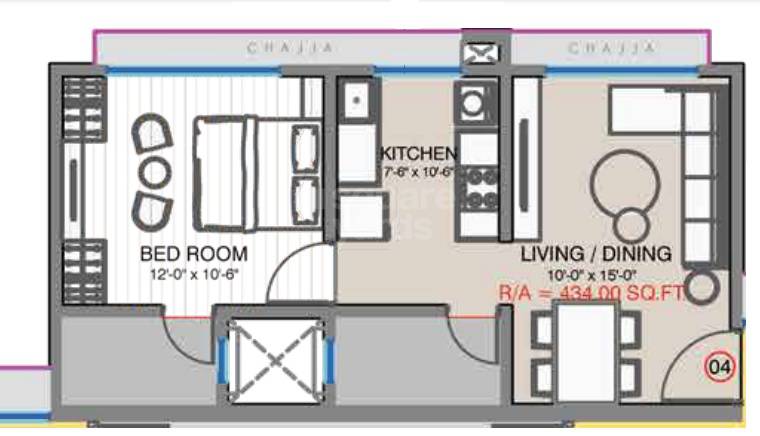 Floor plan of 1 BHK 434 Sq. Ft. Apartment in Zee Ashtavinayak, Mumbai