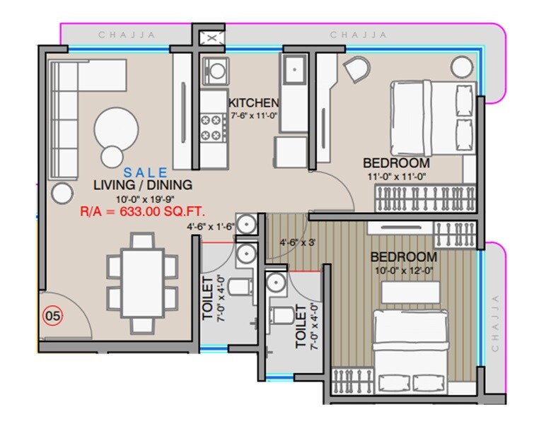 Floor plan of 2 BHK 552 Sq. Ft. Apartment in Zee Ashtavinayak, Mumbai