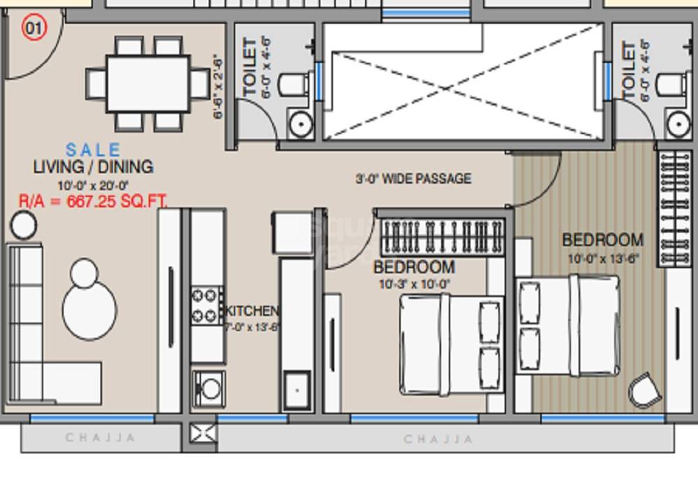 Floor plan of 2 BHK 633 Sq. Ft. Apartment in Zee Ashtavinayak, Mumbai