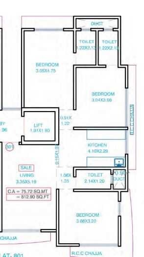 Floor plan of 3 BHK Apartment - 812 sq. ft. in Zee Chhaya, Mumbai