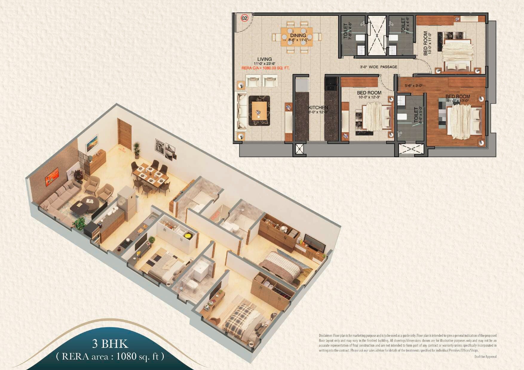 Floor plan of 3 BHK 1080 Sq. Ft. Apartment in Zee Jayashree, Mumbai