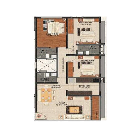 Floor plan of 3 BHK 997 Sq. Ft. Apartment in Zee Jayashree, Mumbai
