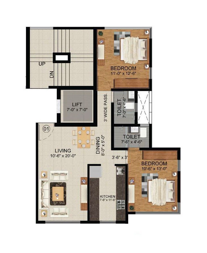 Floor plan of 2 BHK 628 Sq. Ft. Apartment in Zee Manubharati, Mumbai